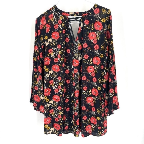 Umgee Babydoll Mini Dress Floral Flared Bell Sleeve Pullover Boho Tunic Top - Picture 6 of 8